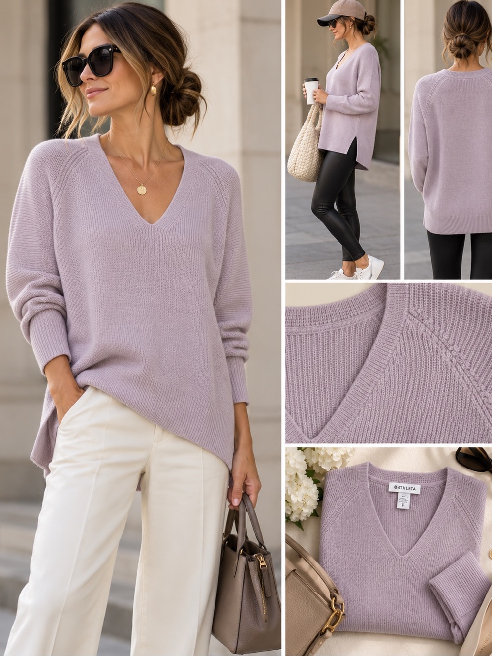 Athleta Hanover V-Neck Merino Wool Blend Sweater Lavender S